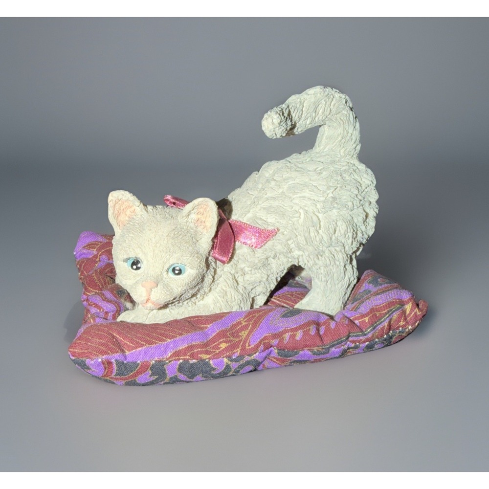 Vintage 90s Miniature Resin Grey Kitty Cat Figurine Purple Pillow Cat Bed Decor